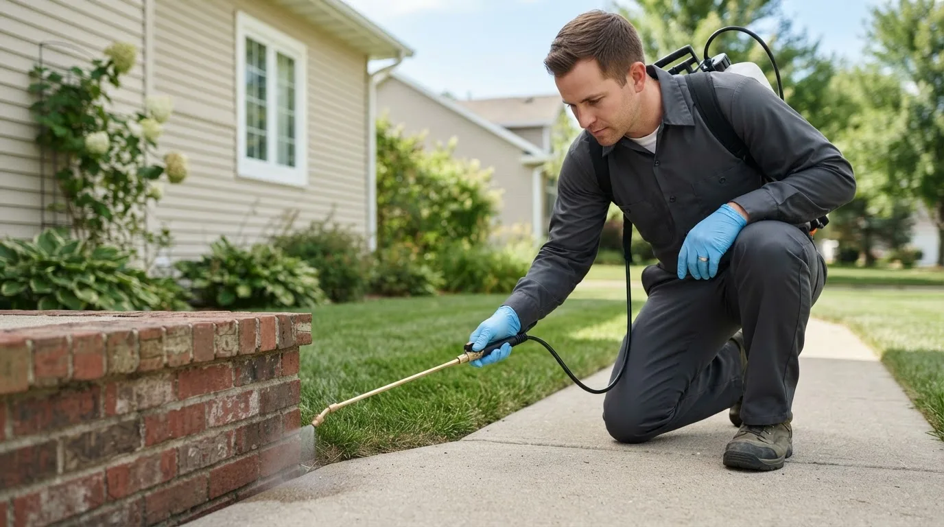 Pest control technician treating a home near Cordova, IL