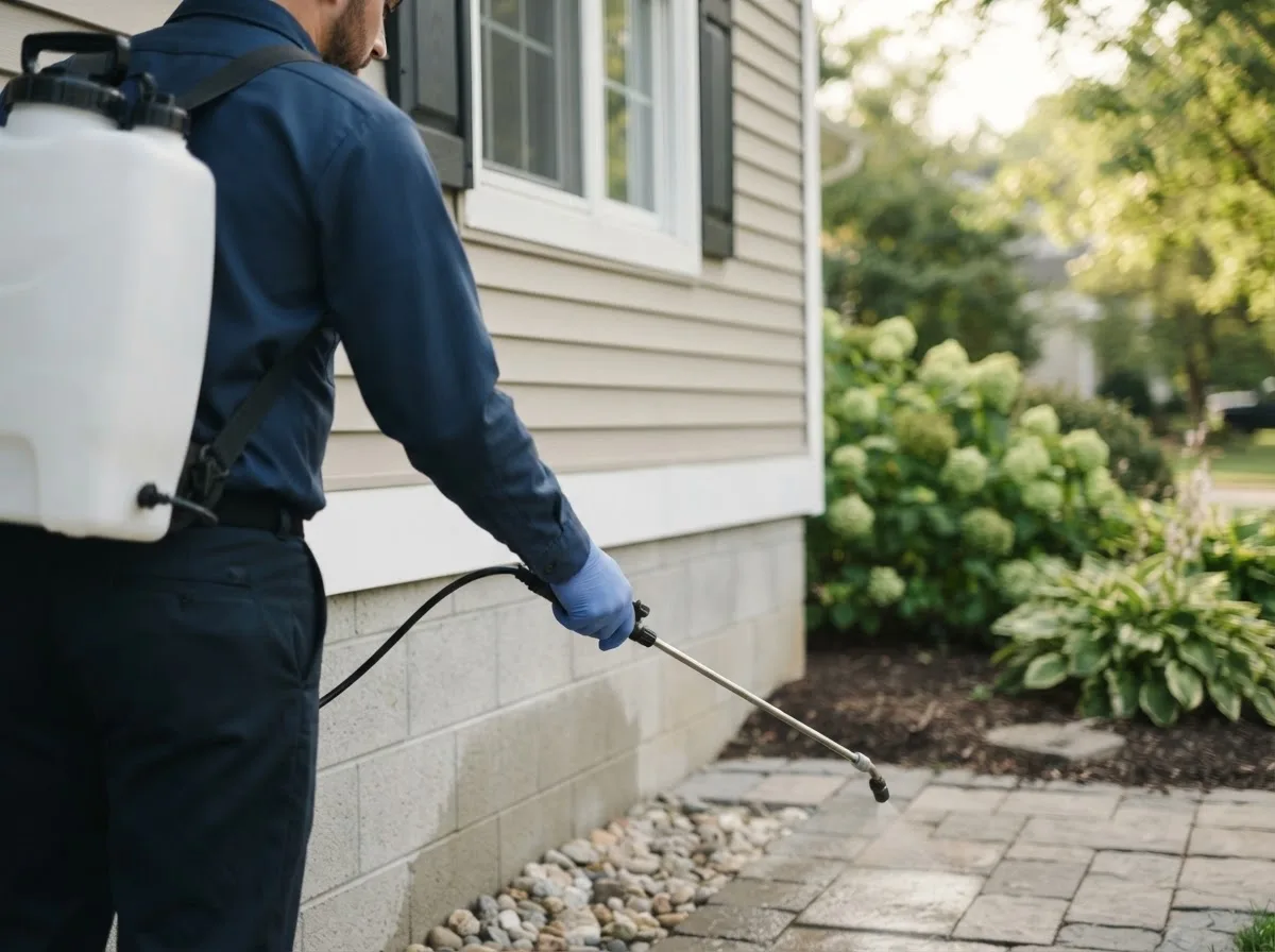 Pest control technician inspecting a home in Cordova, IL